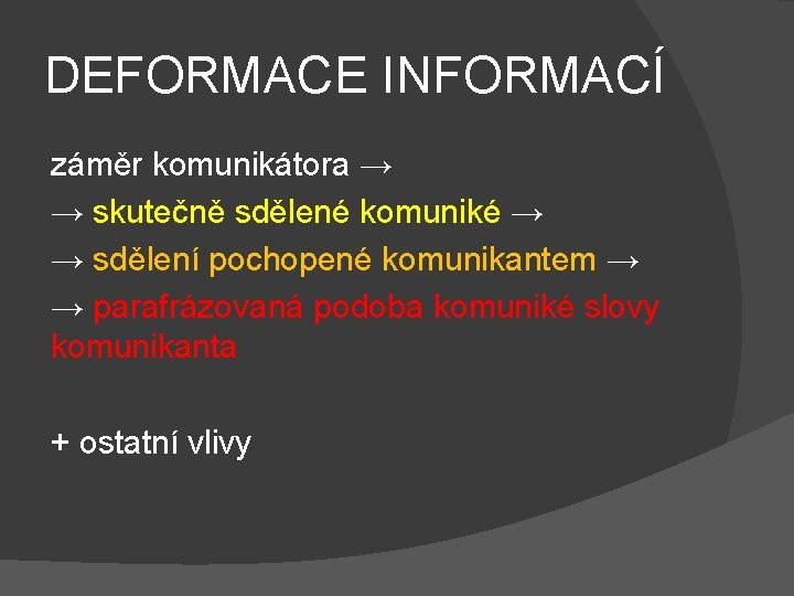 DEFORMACE INFORMACÍ záměr komunikátora → → skutečně sdělené komuniké → → sdělení pochopené komunikantem