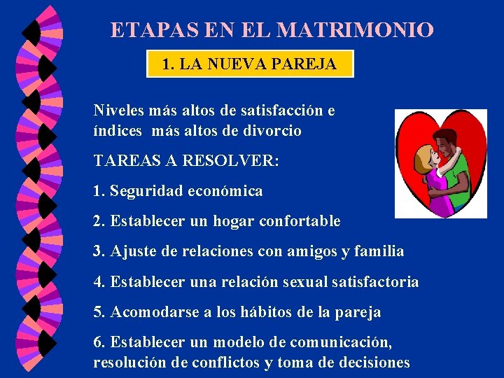 ETAPAS EN EL MATRIMONIO 1. LA NUEVA PAREJA Niveles más altos de satisfacción e ETAPAS EN EL MATRIMONIO 1. LA NUEVA PAREJA Niveles más altos de satisfacción e