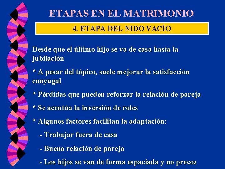 ETAPAS EN EL MATRIMONIO 4. ETAPA DEL NIDO VACÍO Desde que el último hijo ETAPAS EN EL MATRIMONIO 4. ETAPA DEL NIDO VACÍO Desde que el último hijo