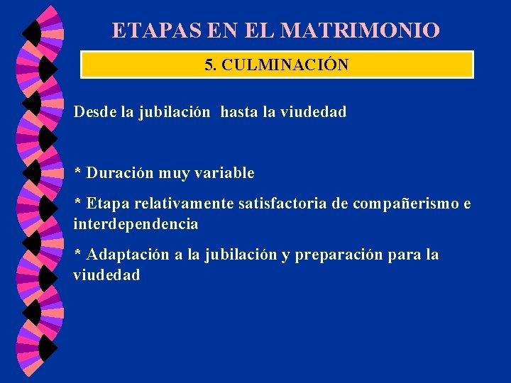 ETAPAS EN EL MATRIMONIO 5. CULMINACIÓN Desde la jubilación hasta la viudedad * Duración ETAPAS EN EL MATRIMONIO 5. CULMINACIÓN Desde la jubilación hasta la viudedad * Duración