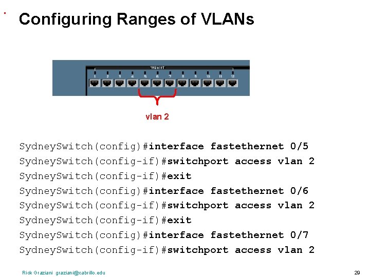 . Configuring Ranges of VLANs vlan 2 Sydney. Switch(config)#interface fastethernet 0/5 Sydney. Switch(config-if)#switchport access