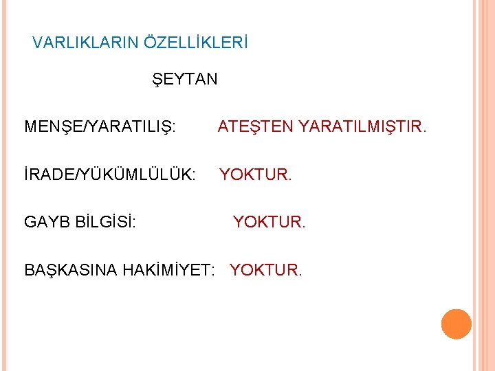 VARLIKLARIN ÖZELLİKLERİ ŞEYTAN MENŞE/YARATILIŞ: ATEŞTEN YARATILMIŞTIR. İRADE/YÜKÜMLÜLÜK: YOKTUR. GAYB BİLGİSİ: YOKTUR. BAŞKASINA HAKİMİYET: YOKTUR. VARLIKLARIN ÖZELLİKLERİ ŞEYTAN MENŞE/YARATILIŞ: ATEŞTEN YARATILMIŞTIR. İRADE/YÜKÜMLÜLÜK: YOKTUR. GAYB BİLGİSİ: YOKTUR. BAŞKASINA HAKİMİYET: YOKTUR.