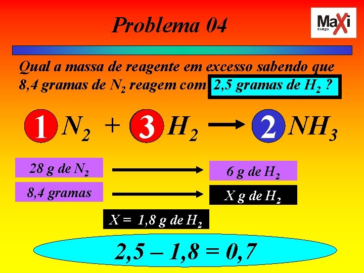 Problema 04 Qual a massa de reagente em excesso sabendo que 8, 4 gramas