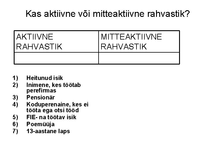 Kas aktiivne või mitteaktiivne rahvastik? AKTIIVNE RAHVASTIK 1) 2) 3) 4) 5) 6) 7)