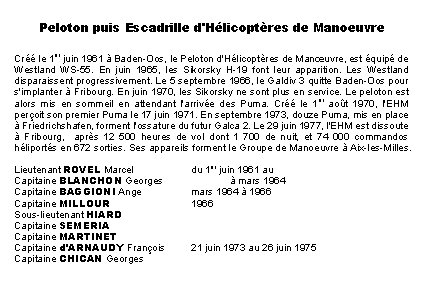 Peloton puis Escadrille d'Hélicoptères de Manoeuvre Créé le 1 er juin 1961 à Baden-Oos,