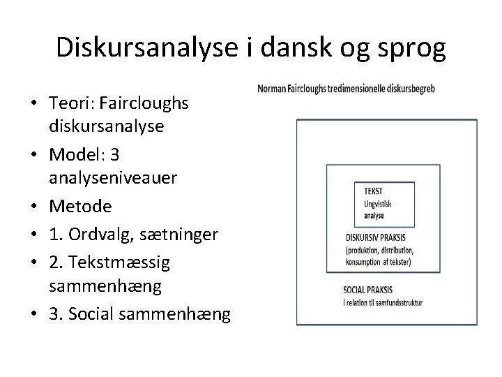 Diskursanalyse i dansk og sprog • Teori: Faircloughs diskursanalyse • Model: 3 analyseniveauer • Diskursanalyse i dansk og sprog • Teori: Faircloughs diskursanalyse • Model: 3 analyseniveauer •