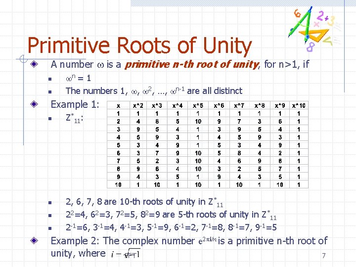 Primitive Roots of Unity A number w is a primitive n-th root of unity,