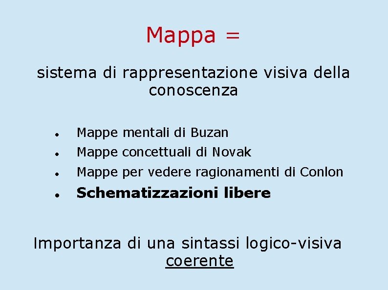 Mappa = sistema di rappresentazione visiva della conoscenza Mappe mentali di Buzan Mappe concettuali