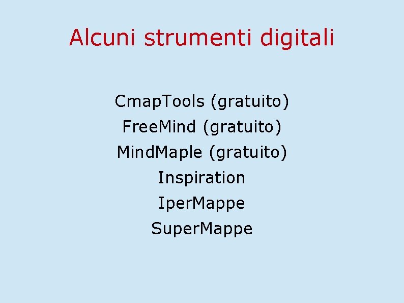 Alcuni strumenti digitali Cmap. Tools (gratuito) Free. Mind (gratuito) Mind. Maple (gratuito) Inspiration Iper.