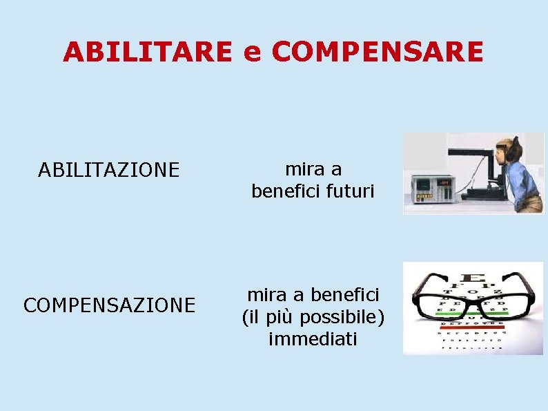 ABILITARE e COMPENSARE ABILITAZIONE COMPENSAZIONE mira a benefici futuri mira a benefici (il più