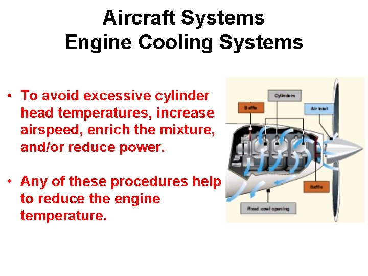 Aircraft Systems Engine Cooling Systems • To avoid excessive cylinder head temperatures, increase airspeed,