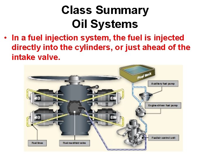 Class Summary Oil Systems • In a fuel injection system, the fuel is injected