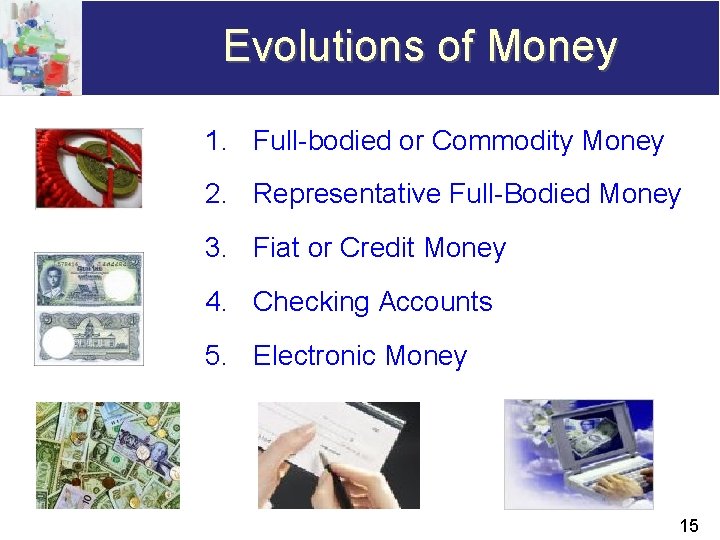 Evolutions of Money 1. Full-bodied or Commodity Money 2. Representative Full-Bodied Money 3. Fiat