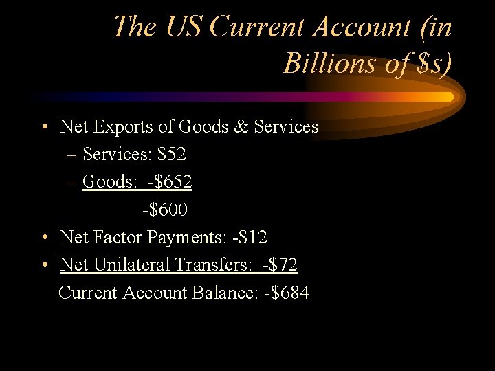The US Current Account (in Billions of $s) • Net Exports of Goods &
