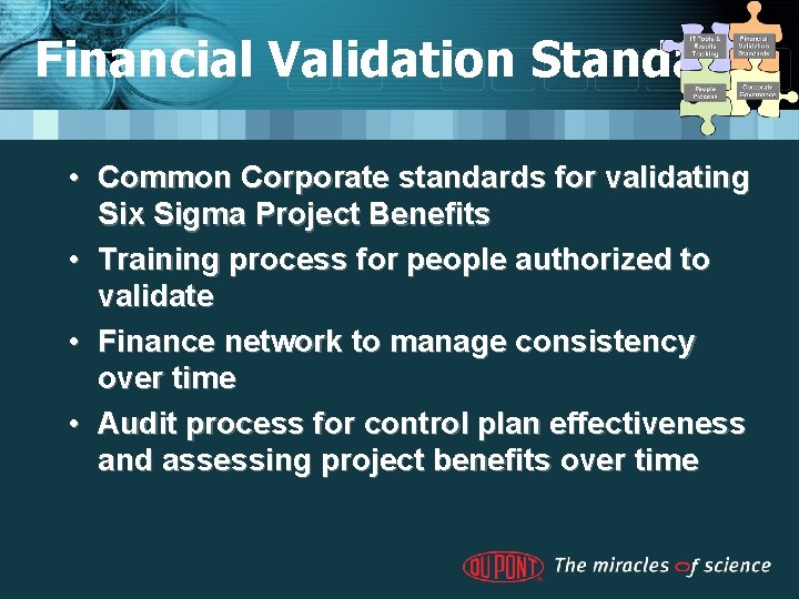 Financial Validation Standards • Common Corporate standards for validating Six Sigma Project Benefits •