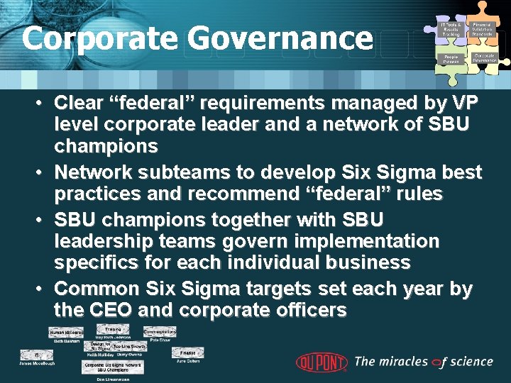 Corporate Governance • Clear “federal” requirements managed by VP level corporate leader and a