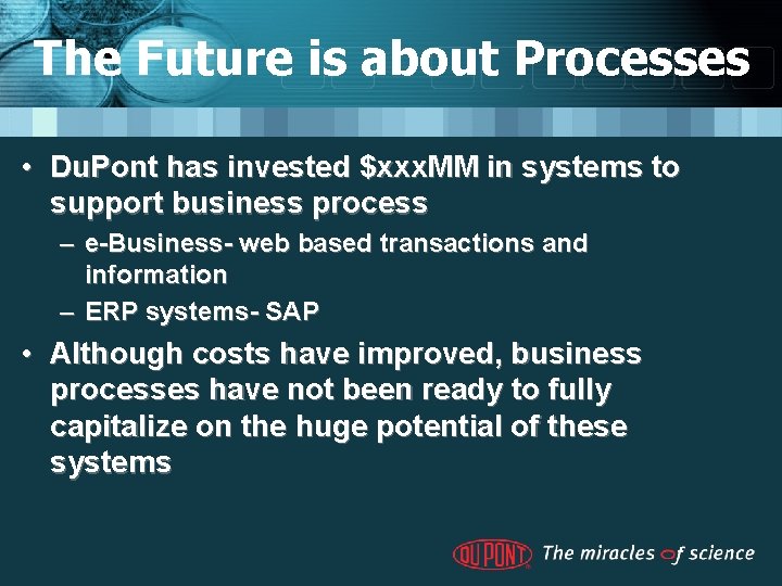 The Future is about Processes • Du. Pont has invested $xxx. MM in systems