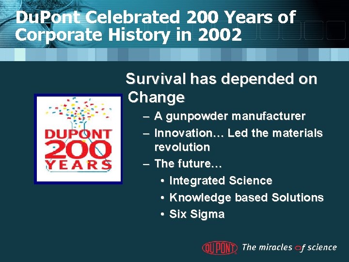 Du. Pont Celebrated 200 Years of Corporate History in 2002 Survival has depended on
