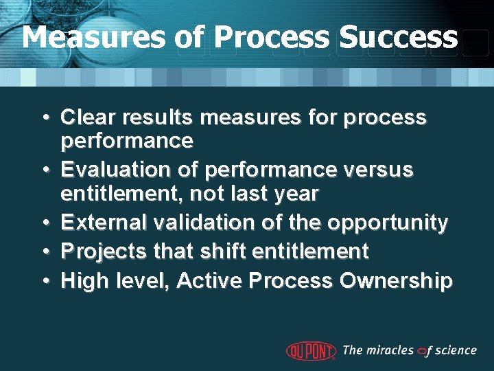 Measures of Process Success • Clear results measures for process performance • Evaluation of