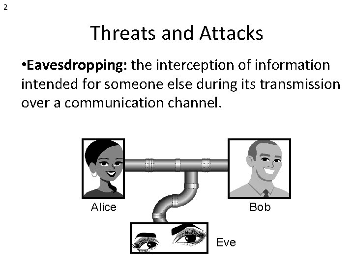 2 Threats and Attacks • Eavesdropping: the interception of information intended for someone else