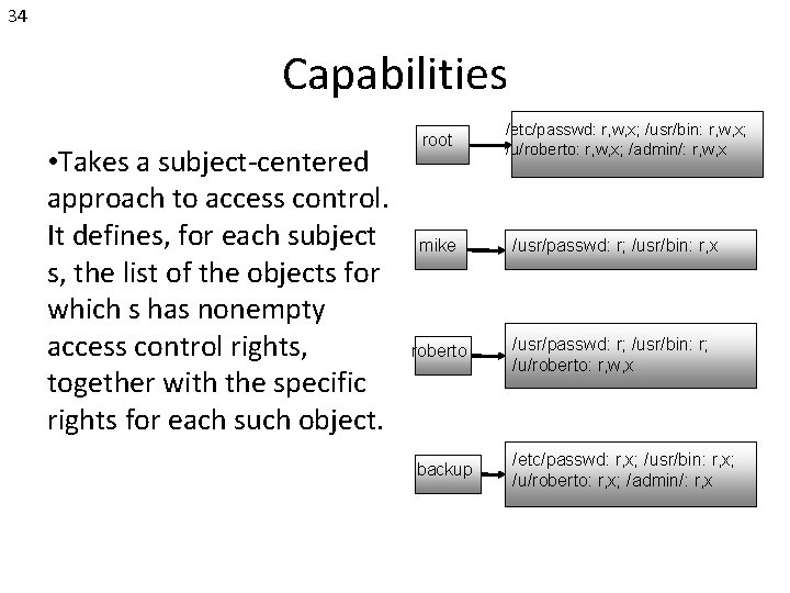 34 Capabilities • Takes a subject-centered approach to access control. It defines, for each