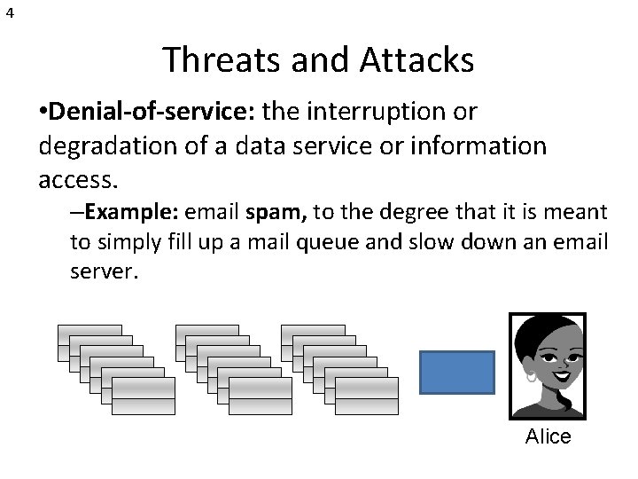 4 Threats and Attacks • Denial-of-service: the interruption or degradation of a data service
