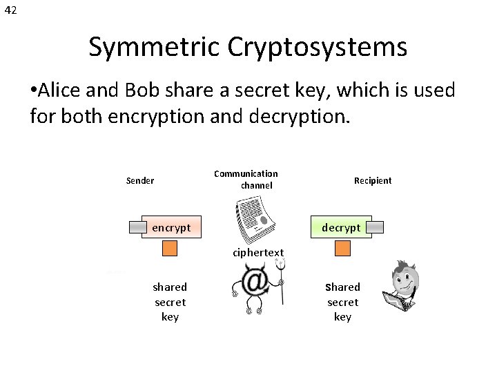 42 Symmetric Cryptosystems • Alice and Bob share a secret key, which is used