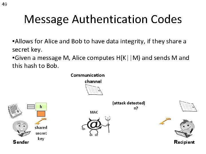 49 Message Authentication Codes • Allows for Alice and Bob to have data integrity,