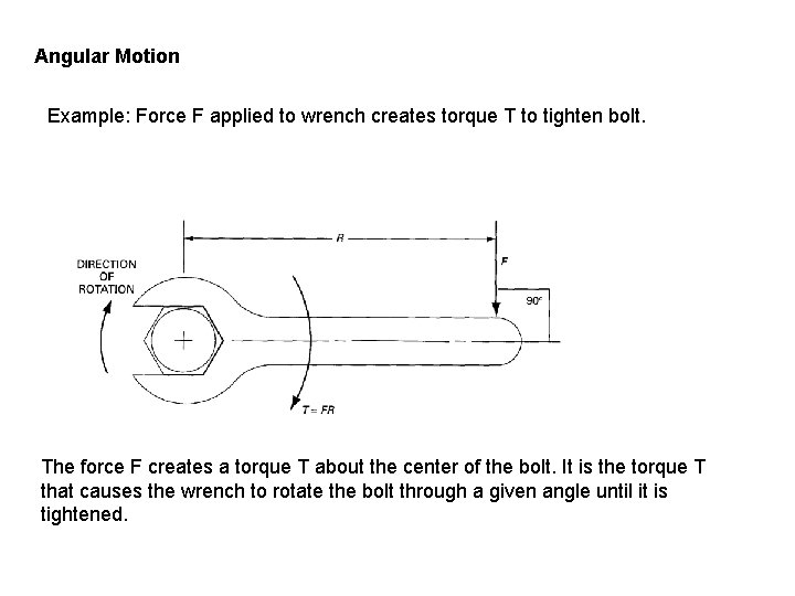 Angular Motion Example: Force F applied to wrench creates torque T to tighten bolt.