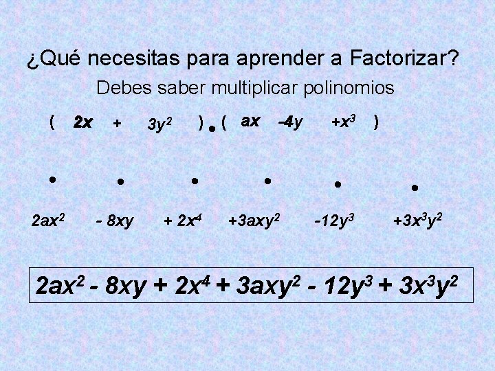 ¿Qué necesitas para aprender a Factorizar? Debes saber multiplicar polinomios ( 2 ax 2 ¿Qué necesitas para aprender a Factorizar? Debes saber multiplicar polinomios ( 2 ax 2