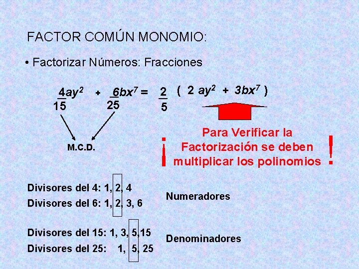 FACTOR COMÚN MONOMIO: • Factorizar Números: Fracciones 2 15 + __ 6 bx 7 FACTOR COMÚN MONOMIO: • Factorizar Números: Fracciones 2 15 + __ 6 bx 7