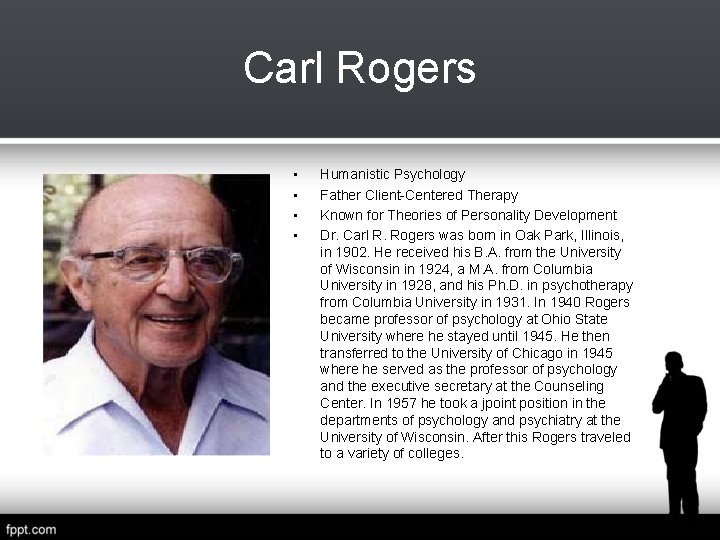 Carl Rogers • • Humanistic Psychology Father Client-Centered Therapy Known for Theories of Personality