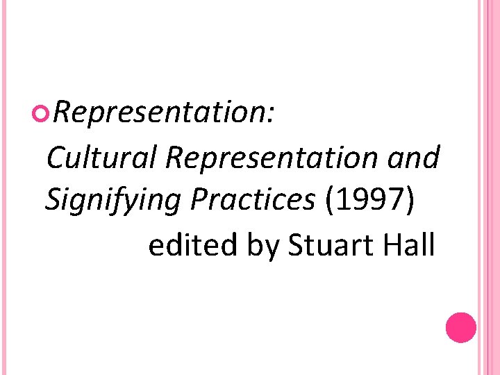  Representation: Cultural Representation and Signifying Practices (1997) edited by Stuart Hall 