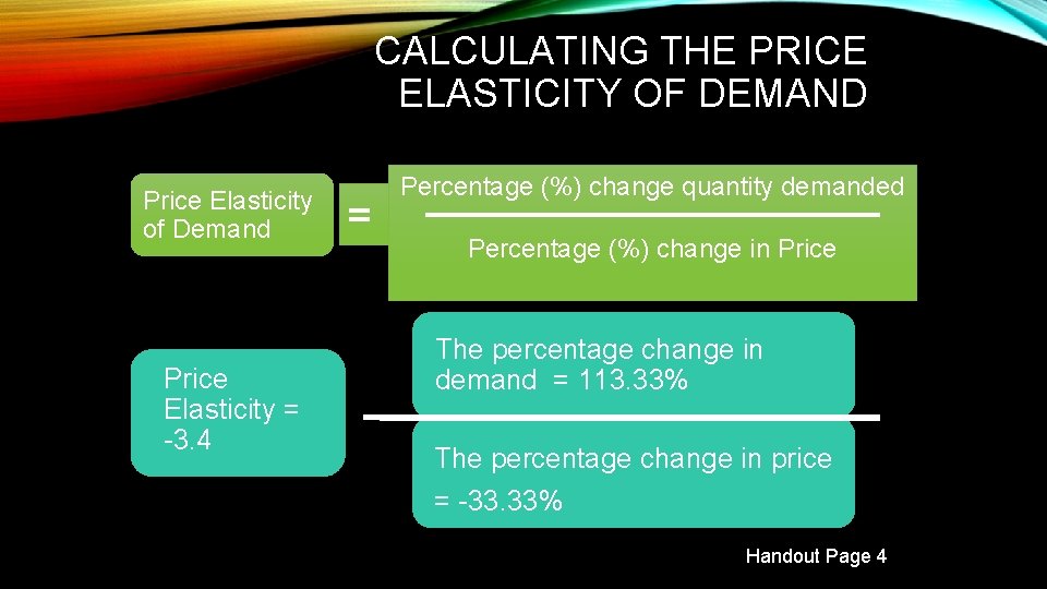 CALCULATING THE PRICE ELASTICITY OF DEMAND Price Elasticity of Demand Price Elasticity = -3.