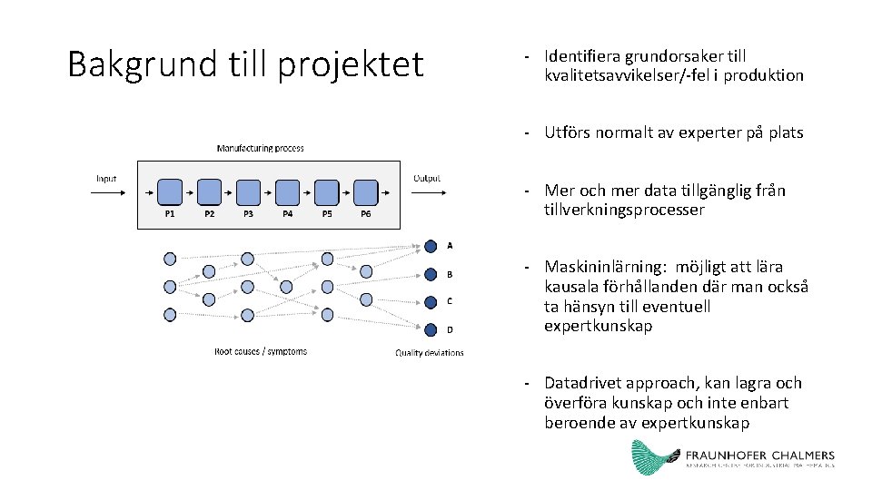 Bakgrund till projektet - Identifiera grundorsaker till kvalitetsavvikelser/-fel i produktion - Utförs normalt av
