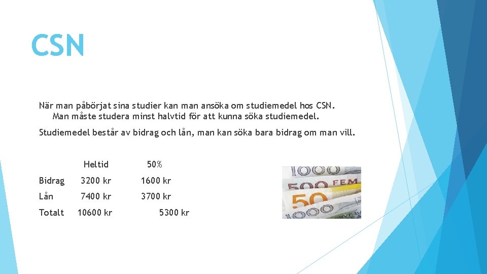 CSN När man påbörjat sina studier kan man ansöka om studiemedel hos CSN. Man