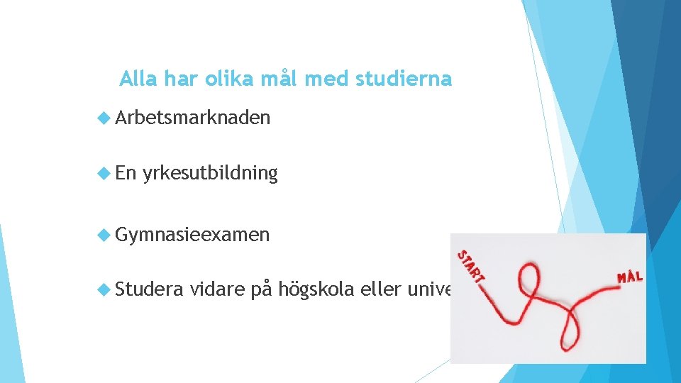 Alla har olika mål med studierna Arbetsmarknaden En yrkesutbildning Gymnasieexamen Studera vidare på högskola