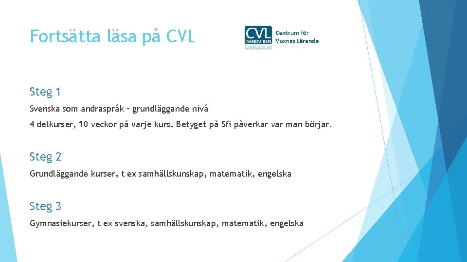 Fortsätta läsa på CVL Steg 1 Svenska som andraspråk – grundläggande nivå 4 delkurser,