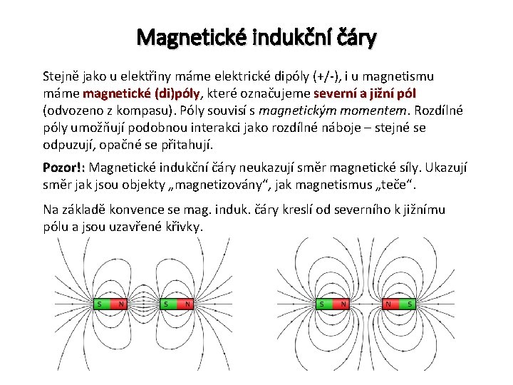 Magnetické indukční čáry Stejně jako u elektřiny máme elektrické dipóly (+/-), i u magnetismu