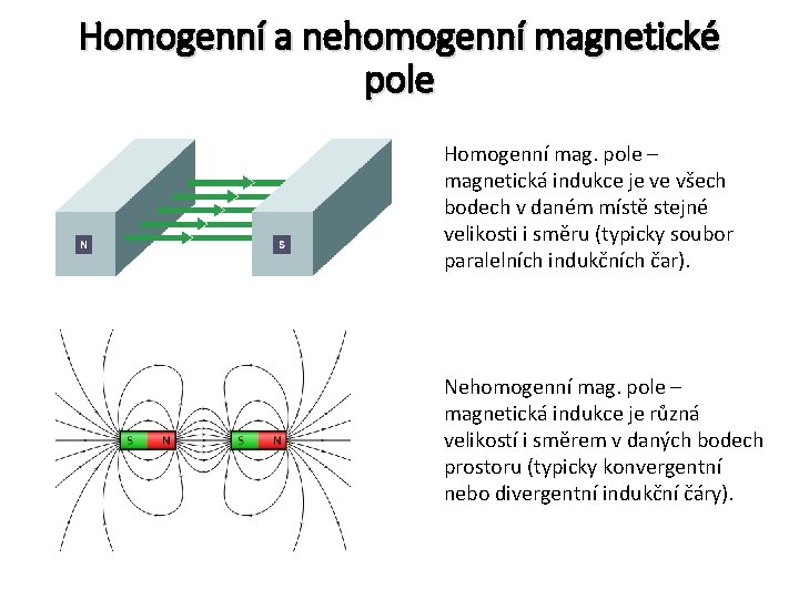Homogenní a nehomogenní magnetické pole Homogenní mag. pole – magnetická indukce je ve všech
