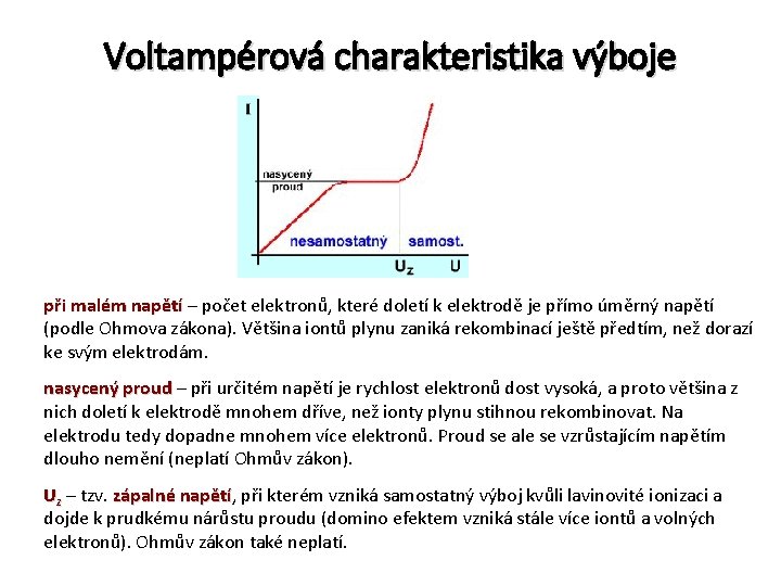 Voltampérová charakteristika výboje při malém napětí – počet elektronů, které doletí k elektrodě je