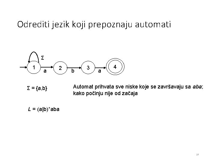 Odrediti jezik koji prepoznaju automati Σ 1 a 2 Σ = {a, b} b