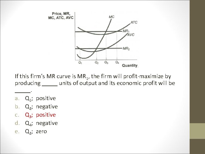 If this firm’s MR curve is MR 1, the firm will profit-maximize by producing