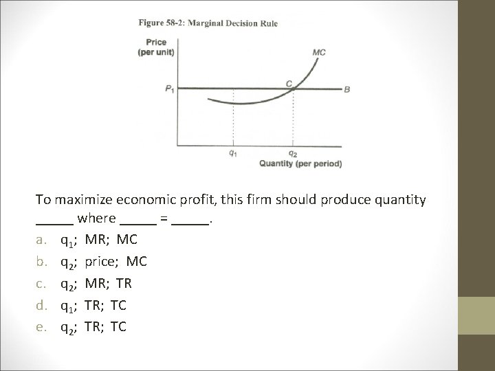 To maximize economic profit, this firm should produce quantity _____ where _____ = _____.
