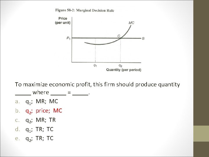 To maximize economic profit, this firm should produce quantity _____ where _____ = _____.