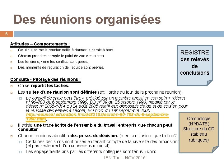 Des réunions organisées 6 Attitudes – Comportements : Celui qui anime la réunion veille