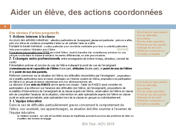 Aider un élève, des actions coordonnées 9 Des niveaux d’action progressifs 1 - Actions