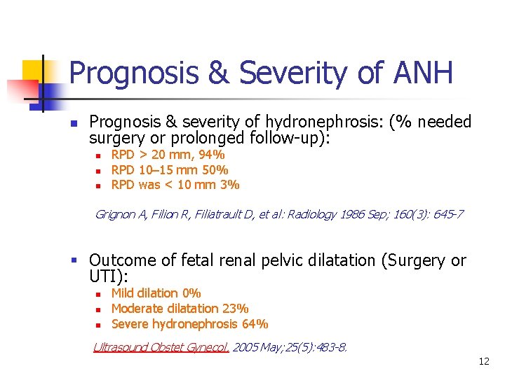 Prognosis & Severity of ANH n Prognosis & severity of hydronephrosis: (% needed surgery