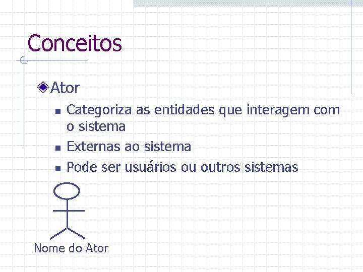 Conceitos Ator n n n Categoriza as entidades que interagem com o sistema Externas