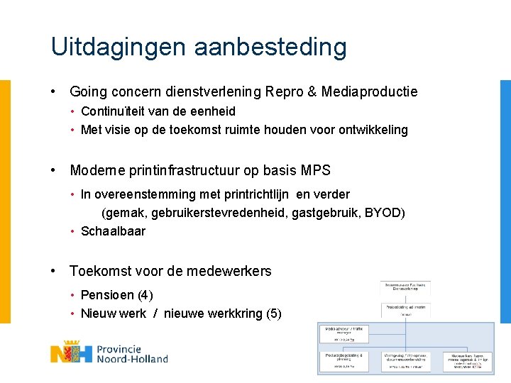 Uitdagingen aanbesteding • Going concern dienstverlening Repro & Mediaproductie • Continuïteit van de eenheid
